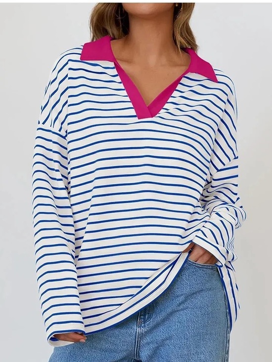 Zesica Tops - Zesica Striped V-Neck Collar Long Sleeve Top - White & Blue with Pink Collar